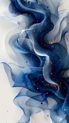 an abstract blue and white painting with gold glitters on it's edges in the shape of waves