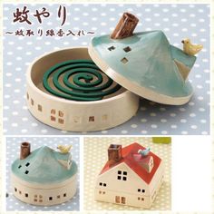 three different pictures of small houses in a box with lids on each side, and one has a bird perched on top of the roof