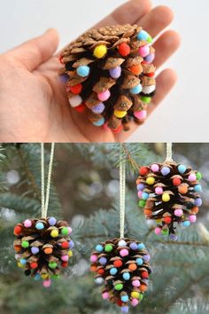 pine cone ornaments hanging from a christmas tree with colorful beads and colored balls on them