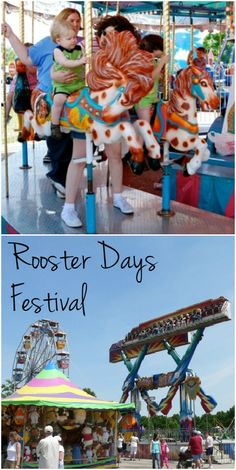 two pictures with people riding on the carousels and an amusement park ride in the background