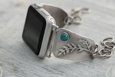 Handcrafted sterling silver and turquoise Apple watch band. Why be ordinary when you can be extraordinary! This band is not your ordinary band, every inch of it is hand made! Hand sawn floral/fern details are accented by a turquoise stone and attached with a hand made sterling chain and clasp. When I got my Apple Watch I knew the first thing that had to go was that silicone band, it's great for sweating to the oldie but its not exactly pretty! So I designed this band. ⚠️♦️♦️ I sell this watch wi Turquoise Watch Band, Custom Apple Watch Bands, Be Extraordinary, Band Fits, Handmade Rings, Custom Watch, Genuine Turquoise, Keep Jewelry, Apple Watch Band