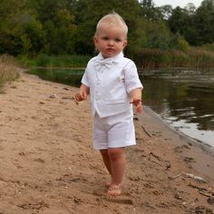 Baby Boy White Outfit, Boy Suspenders Outfit, White Linen Outfit, Baby Boy Linen, White Linen Shorts, Baby Christening Outfit, Vest And Bow Tie, Baby Boy Newborn Photography, Tie Vest