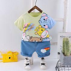 Description 2 Pcs Clothing Animals Design T-Shirt + Shorts Material: Cotton Season: Spring & Summer Gender: Unisex Collar type: O-neck Age Range: 9 months - 4 years Package includes: 1xT-Shirt + 1xShorts Size Chart INCH Size Length Size Shoulder Pant Length Height Range Waist Hip Bust 9M 14.1 S/80 9.8 10.6 25.9-31.5 14.9 19.6 21.2 12M 14.1 S/80 9.8 10.6 25.9-31.5 14.9 19.6 21.2 2T 14.9 M/90 10.2 11.4 31.5-33.4 14.9 20.4 22.4 3T 15.7 L/100 10.6 12.2 33.4-37.4 15.7 21.6 23.6 4T 16.5 XL/110 11.0 12 Toddler Sports, Tee Shorts, Animals Design, Summer Baby Clothes, Cartoon T Shirt, Cartoon Outfits, Clothes Set, Pant Length