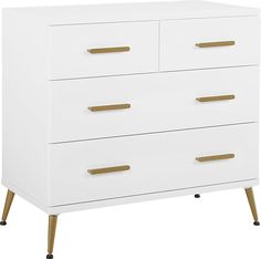 a white chest of drawers with gold handles