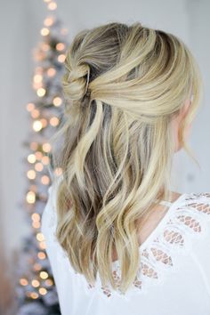 An Easy Knotted Half Up – The Small Things Blog Wavy Hair Dos Half Up, Half Up Low Bun, Medium Length Hairstyles Easy Half Up, Easy Dressy Hair Styles, Simple Elegant Hairstyles, Lady Locks, Kate Bryan, Hair Knots