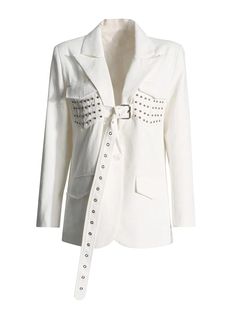 Danai Spliced Button Belt Blazer White Blazer Women, Long Sleeve Suit, Belted Blazer, Coat For Women, Suit Coat, Blazer Designs, White Blazer, Suits Coats, Notched Collar