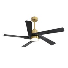 a gold ceiling fan with black blades