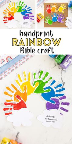 the handprint rainbow bible craft is shown with crayons and markers on it