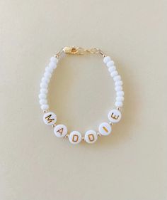 Personalized Name Mommy & Baby Bracelet in White Beads Clay Bracelets, Polymer Clay Bracelet, Mommy Baby, Baby Bracelet, Text Box, Letter Beads, Fall Accessories, Name Bracelet, Valentines Jewelry