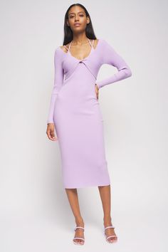 Bailey 44 Connie Sweater Dress in Lilac - front full view Stretch Midi Dress For Brunch, Chic Ribbed Party Dress, Spring Evening Ribbed Midi Dress, Spring Evening Midi Dress, Ribbed, Elegant Ribbed Dress For Night Out, Elegant Ribbed Evening Dress, Chic Ribbed Bodycon Dress For Evening, Chic Ribbed Bodycon Evening Dress, Chic Evening Ribbed Bodycon Dress