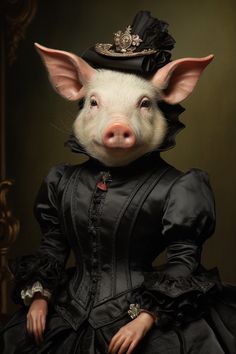 a pig in a black dress and hat