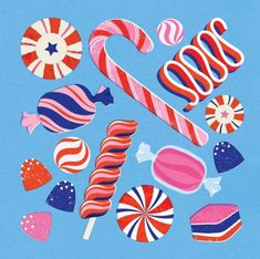 an image of candy and lollipops flying in the air on a blue background