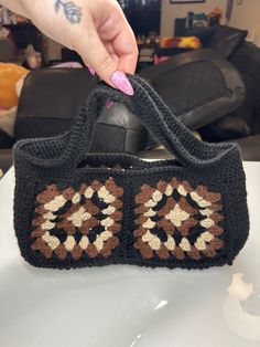 Super cute small crochet handbag Trendy Handheld Crochet Bag In Brown, Trendy Brown Handheld Crochet Bag, Trendy Hand Knitted Rectangular Shoulder Bag, Cute Handmade Black Bag, Cute Rectangular Crochet Bag For Everyday Use, Cute Everyday Crochet Rectangular Bag, Trendy Hand Knitted Bag For Daily Use, Trendy Everyday Hand-knitted Bags, Trendy Hand Knitted Everyday Bags