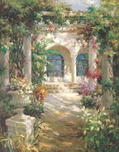 a painting of an archway with flowers and plants on either side, leading into the garden