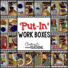 a collage of pictures with words put - in work boxes