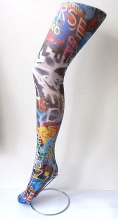 GRAFFITI PRINT One Size fit to 42" HIP  - SIZE 8 - 14 UK approx. FULL FOOT Patterned Printed Tights pop art boho - Also in footless tights in our shop Funky 60's 70's PLENTY OF STRETCH -  All our printed tights are digitally printed from waist to foot TOP QUALITY PRINT AND THICKNESS 90% + NYLON Fitted Multicolor Thigh High Tights, Fitted Multicolor Thigh-high Tights, Trendy Fitted Multicolor Legwear, Multicolor Stretch Thigh High Legwear, Retro Stretch Thigh High Legwear, Retro Stretch Thigh-high Legwear, Retro Thigh High Stretch Legwear, Graphic Tights, Multicolor Graphic Print Stretch Leggings