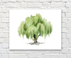 a watercolor painting of a tree on a white brick wall