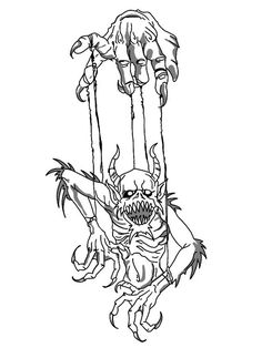 a drawing of a monster hanging from a rope with two hands on it's back