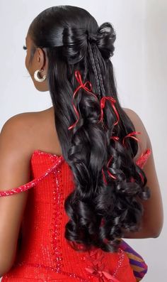 Homecoimg Hair Styles, Curly Ponytail Outfit, Black Christmas Hairstyles, Christmas Wig Hairstyles, Birthday Hairstyles Shoulder Length, Christmas Pictures Hairstyles, Christmas Bow In Hair, Christmas Hairstyles Black Women, Holiday Hair Black Women