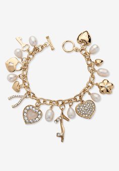 Are you a fashion bug? Or do you have one in your life? This is the perfect accessory for someone who can't get enough of the good things in life! Why not wear them dangling from our whimsical charm bracelet boasting a stylish shoe, hearts, a wishbone, flower, lock and key charms highlighted with shimmering crystals and cultured freshwater pearl accents? Contemporary toggle closure. 8" length. Yellow gold tone.  120 Round Faceted Cut Crystals, 1.5 mm x 1.5 mm8 Oval Freshwater Cultured Pearls, 13 Wishbone Flower, Good Things In Life, Key Charms, Jewelry Bracelets Gold, Bracelet Crystal, Fashion Bug, Jewelry Images, Freshwater Cultured Pearls, Gold Charm