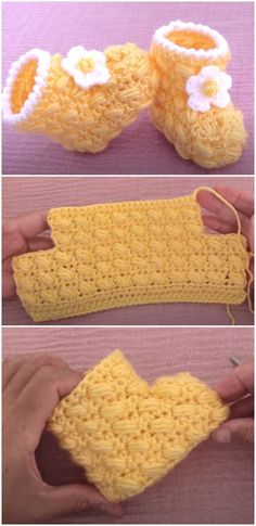 crocheted baby booties are shown in three different pictures, one is yellow and the other is white