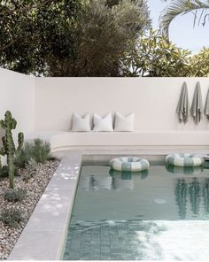 a pool with some pillows on the side and cactus in the back ground next to it