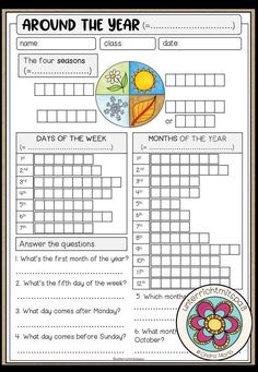 a printable worksheet with the words around the year and flowers on it