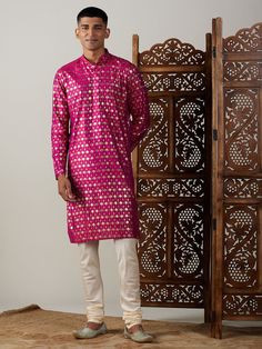 VASTRAMAY Men's Dark Pink Foil Printed Kurta With Cream Pyjama Set This elegant set from VASTRAMAY is perfect for festive occasions and special events. The dark pink kurta is adorned with intricate foil prints, adding a touch of sophistication, while the cream pyjama complements the kurta beautifully. Ideal for a traditional yet stylish look. Key Features Stylish foil print design on kurta Comfortable fit with cream pyjama Perfect for festive and special occasions Traditional yet trendy appearan Pink Long Sleeve Sherwani For Diwali, Pink Long Sleeve Bollywood Sherwani, Festive Pink Long Sleeve Sherwani, Pink Straight Kurta For Festive Occasions, Pink Sherwani With Gota Work For Diwali, Traditional Pink Sherwani For Festivals, Pink Bollywood Kurta For Diwali, Pink Long Sleeve Sets For Diwali, Pink Kurta With Pallu For Traditional Ceremonies