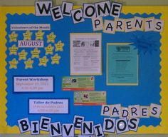 a bulletin board that has been decorated with words and pictures for the children's welcome sign