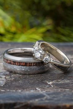 Meteorite and Dinosaur Bone Wedding Rings Wedding Ring Sets His And Hers Wood, Dinosaur Wedding Ring, Bone Rings, Meteorite Engagement Ring, Dinosaur Wedding, Meteorite Rings, Wedding Rings Sets His And Hers, Dinosaur Bone Ring, Wood Engagement Ring