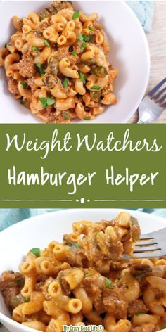 two plates filled with different types of food and the words weight watchers hamburger helper