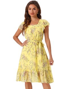 Shop Allegra K for floral chiffon flutter sleeve belted square neck ruffled hem dress you are looking for, get more women's dresses for yourelf. Order now! Free Returns! 1930s Gown, Floral Chiffon Dress, Belted Midi Dress, Mini Skater Dress, Prairie Dress, Dress Yellow, Ruffle Hem Dress, Women Sleeve, Floral Chiffon