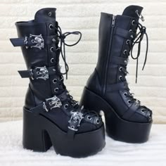 5" (127mm) Block Heel, 3" (75mm) Platform Corset Style Lace-Up Mid-Calf Boots Featuring Spiked Skull Buckle Strap & O-Ring & Horseshoe Details On The Tongue, Back Zip Closure Demonia Us Woman"S Sizes Brand New In Stock Ready To Ship Gothic Boots Women, Shoes Demonia, Chic Black Outfits, Demonia Boots, Goth Shoes, Goth Boots, Demonia Shoes, Dr Shoes, Boots High Heels