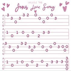 the ukulele tab for love song with hearts and numbers in pink on white