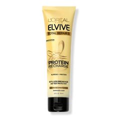 Elvive Total Repair 5 Protein Recharge Treatment - LVV TL RPR 5 PRTN RCHRG TRTMT 5.1OZBenefitsTotal Repair 5 Protein Recharge fights 5 signs of damage with systemFormulated with caring ingredients, featuring Almond Oil and ProteinSophisticated scent, a floral creamy blend with juicy green notesCreamy leave-in nourishes hair to reinforce against daily wear and tear - Elvive Total Repair 5 Protein Recharge Treatment Donating Hair, Hair Protein, Heat Protectant, Damaged Hair Repair, Leave In Conditioner, Nourishing Hair, Hair Repair, Heat Styling Products, L Oreal