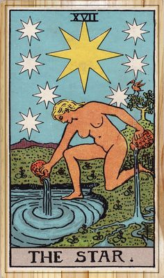 the star tarot card with a man drinking water from a river and stars above it