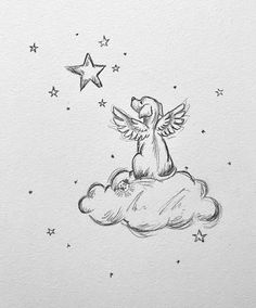 a drawing of an angel sitting on top of a cloud with stars in the sky