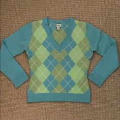 Light Blue And Green Argyle V Neck Cashmere/Wool Sweater. Worn Once, Like New. Preppy Long Sleeve Fitted Sweater, Fitted Preppy Winter Sweater, Preppy Fitted Long Sleeve Sweater, Fitted Preppy Winter Tops, Fitted Long Sleeve Preppy Sweater, Blue Fitted Wool Sweater, Fitted Blue Wool Sweater, Cashmere Wool, Wool Sweater