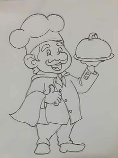 a black and white drawing of a chef holding a platter