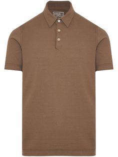 brown cotton jersey texture mother-of-pearl buttons polo collar front button placket short sleeves straight hem Casual Brown Polo Collar Shirt, Brown Cotton Polo Shirt With Polo Collar, Luxury Fitted Brown Polo Shirt, Brown Cotton Polo Collar Shirt, Brown Polo Shirt, Brown Polo, Luxury Brown Cotton T-shirt, Isiah Thomas, Reebok Club C