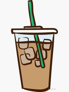 a drawing of a drink with ice cubes and a green straw in the cup