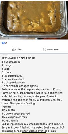 an image of some food that is in a pan on top of a table with the words fresh apple cake recipe written below it