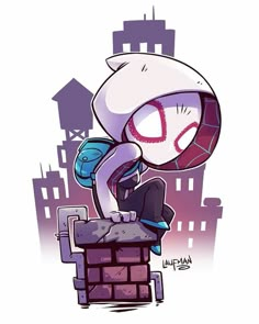 an image of a cartoon character on top of a brick wall with buildings in the background