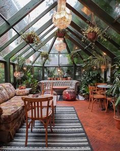 an instagram photo of a living room with furniture and plants on the walls, in front of a glass roof