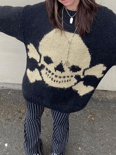 Vintage Skull Jacquard Pullover Sweater - AnotherChill Goth Sweater, Loose Jumper, Jacquard Design, Vintage Skull, Vintage Punk, Women Long Sleeve Tops, Y2k Streetwear, Knit Outfit, Casual Streetwear