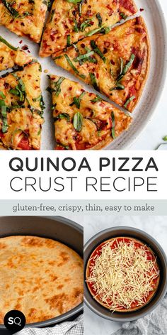 the quinoa pizza crust recipe is shown in three different pictures and has been cut into