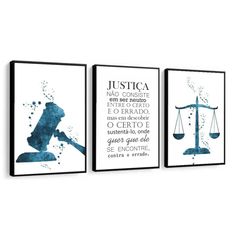 three framed art pieces depicting justice, justice and the law in blue watercolors