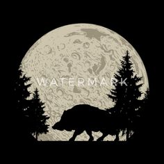 the silhouette of a bear walking in front of a full moon