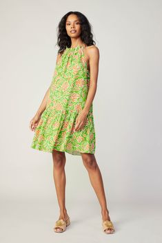 Brighten the day with this halter dress, radiating cheery energy with a lively floral print. The neckline is threaded with a printed sash that gathers the shape and ties into an bow at the back. A ruffled hem balances the look, adding extra volume to the relaxed shape. •Sleeveless •Adjustable halter neckline •Printed self-tie •Relaxed fit •Ruffled hem Item number 2490190 55%LINEN 45%VISCOSE Green Halter Neck Midi Dress For The Beach, Green Knee-length Dress With Tie Back, Sundress With Halter Neck And Gathered Neckline, Sundress With Gathered Neckline And Halter Neck, Halter Neck Sundress With Gathered Neckline, Green Halter Neck Summer Dress, Green Halter Neck Dress For Summer, Green Halter Neck Mini Dress With Tie Back, Green Halter Neck Midi Dress For Vacation