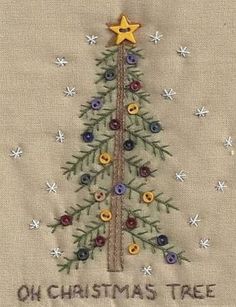 an embroidered christmas tree is shown on a piece of cloth with the words, oh christmas tree